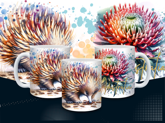 Watercolour Echidna & Protea Mug – 11oz